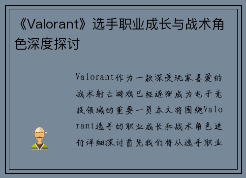 《Valorant》选手职业成长与战术角色深度探讨